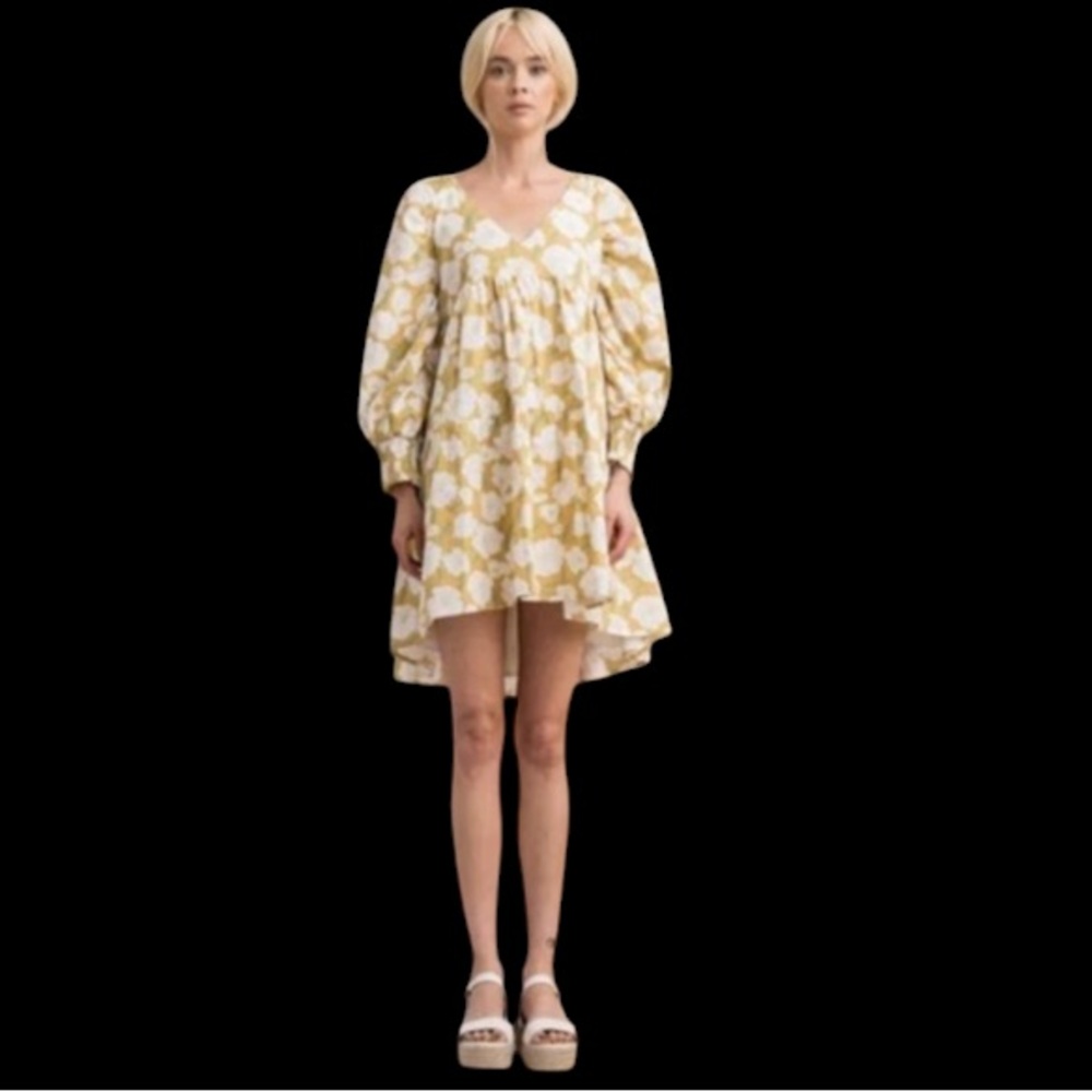 Lena White & Yellow Floral Peony Babydoll High Low Puffy Long Sleeve Dress M